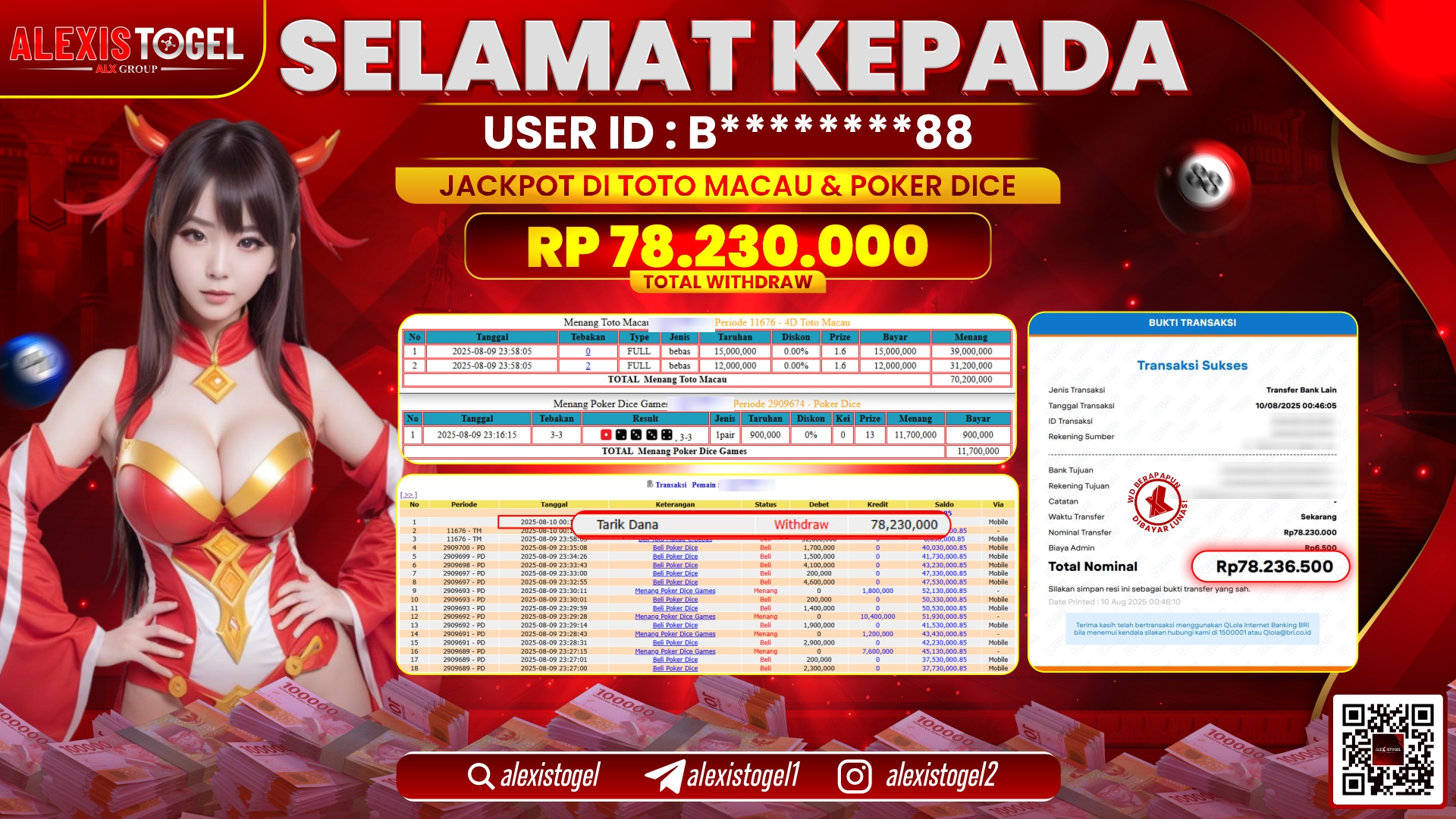 ALEXISTOGEL di TOGEL TOTOMACAU & POKER DICE RP.78.230.000 LUNAS