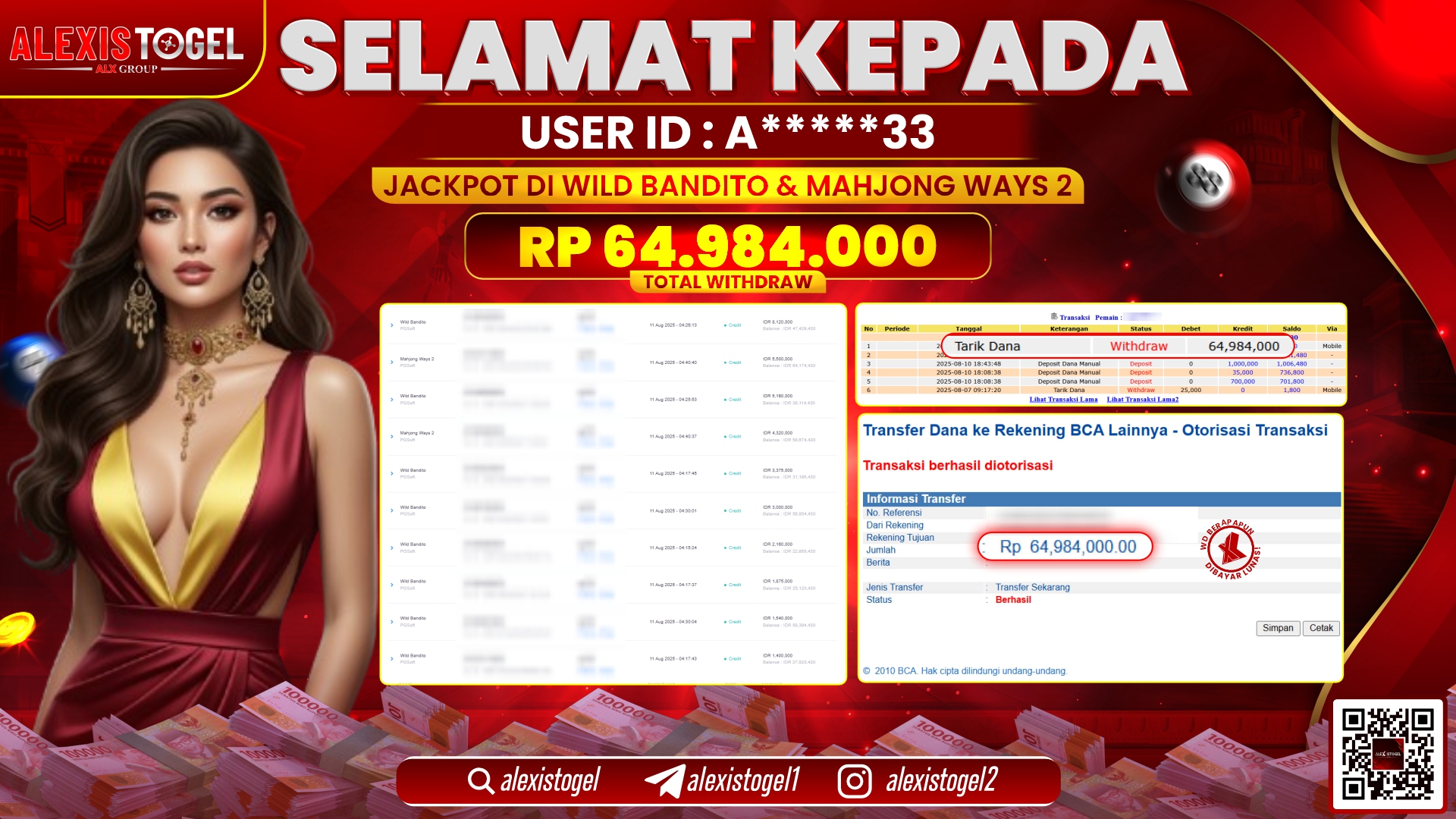 ALEXISTOGEL di SLOT WILD BANDITO & MAHJONG WAYS 2 RP.64.984.000 LUNAS