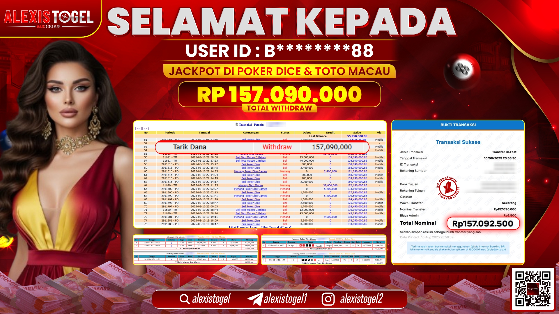 ALEXISTOGEL di POKER DICE & TOGEL TOTOMACAU RP.157.090.000 LUNAS