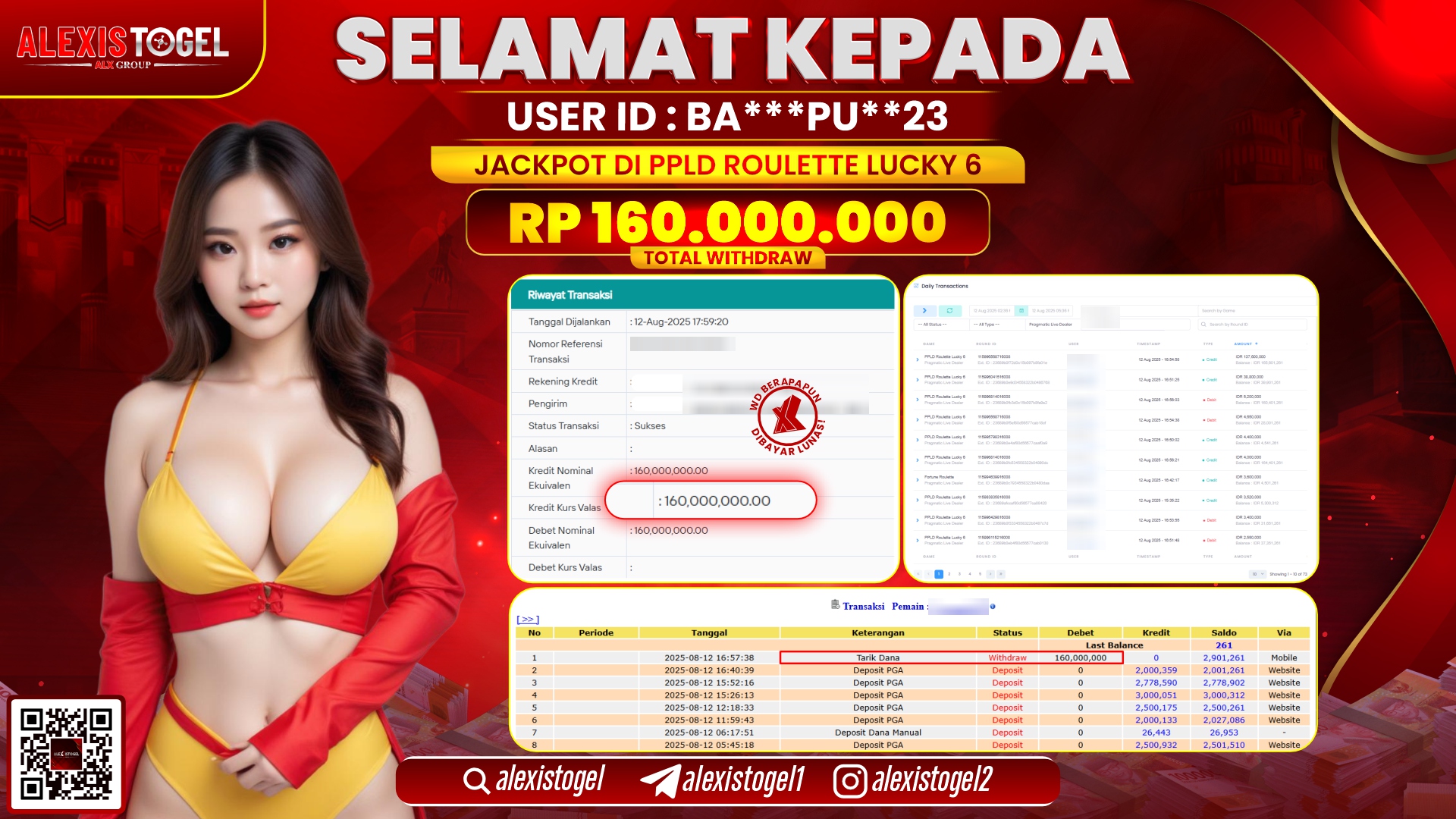 ALEXISTOGEL di PPLD ROULETTE LUCKY 6 RP.160.000.000 LUNAS