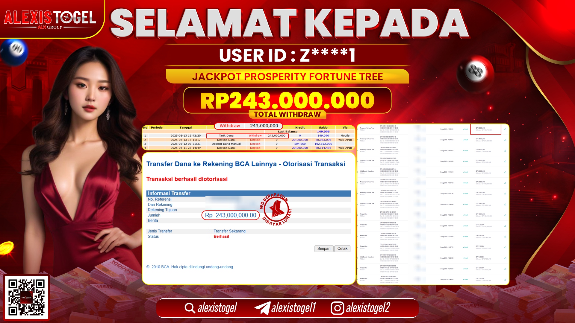 ALEXISTOGEL di SLOT PROSPERITY FORTUNE TREE RP.243.000.000 LUNAS