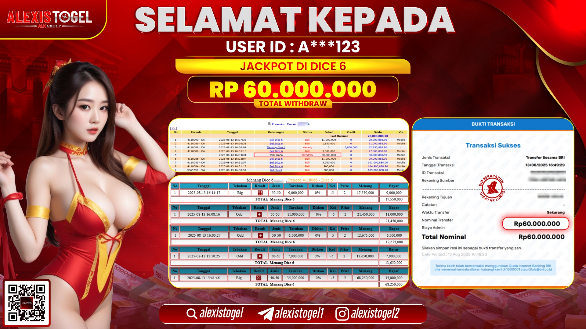 ALEXISTOGEL di CASINO DICE 6 RP.60.000.000 LUNAS