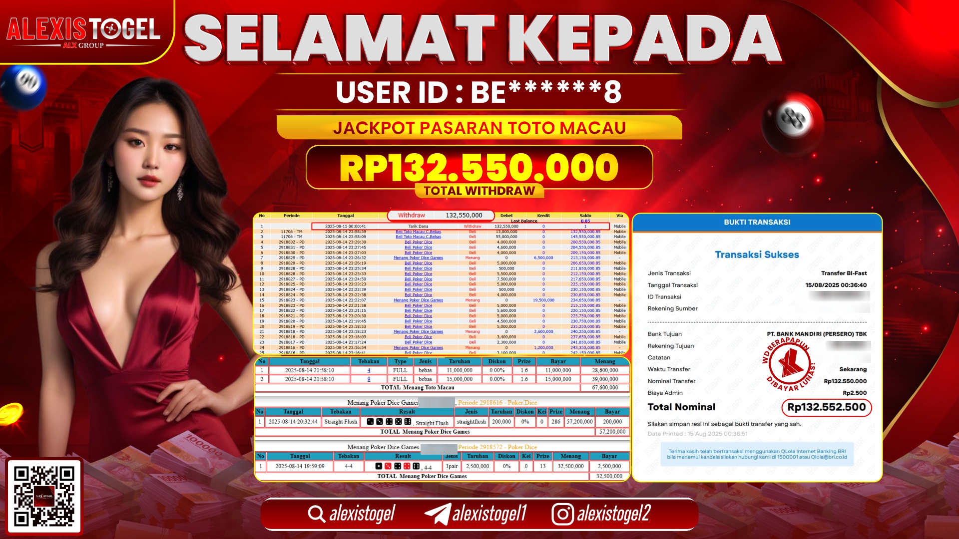ALEXISTOGEL di TOGEL TOTOMACAU RP.132.550.000 LUNAS