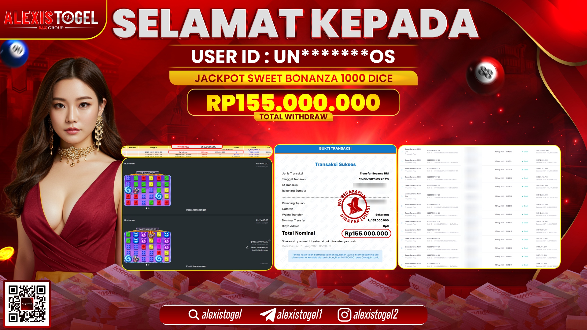 ALEXISTOGEL di SLOT SWEET BONANZA 1000 DICE RP.155.000.000 LUNAS