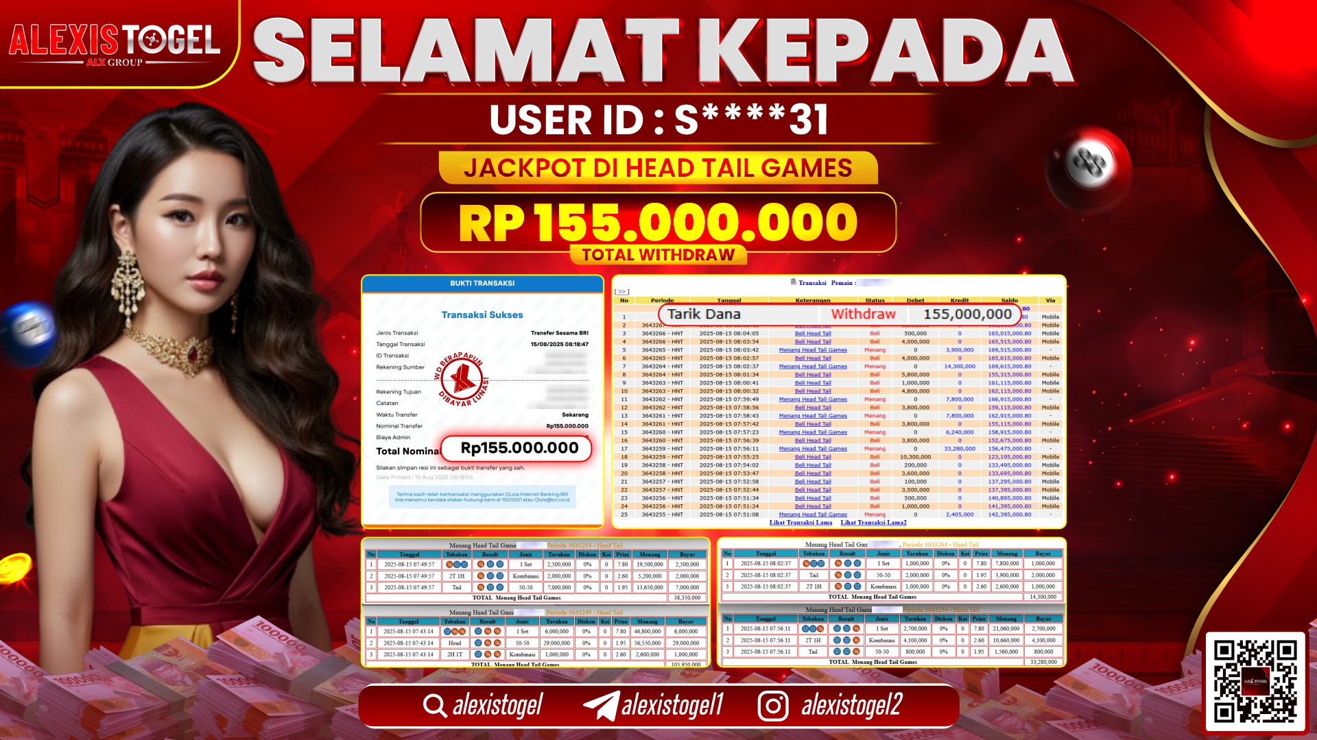 ALEXISTOGEL di CASINO HEAD TAIL GAMES RP.155.000.000 LUNAS