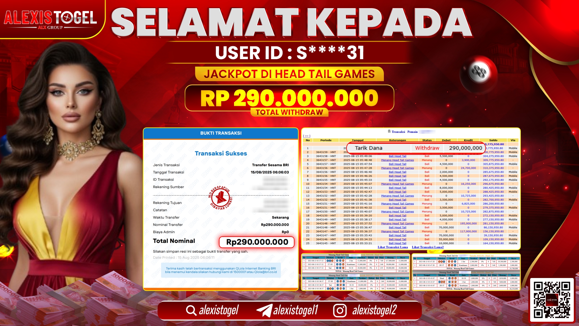 ALEXISTOGEL di CASINO HEAD TAIL GAMES RP.290.000.000 LUNAS