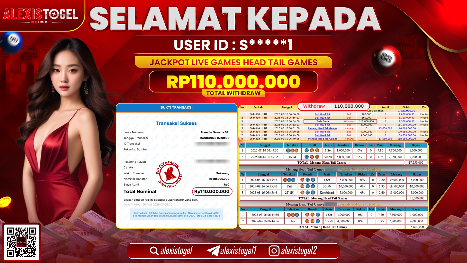 ALEXISTOGEL di LIVE GAMES HEAD TAIL RP.110.000.000 LUNAS