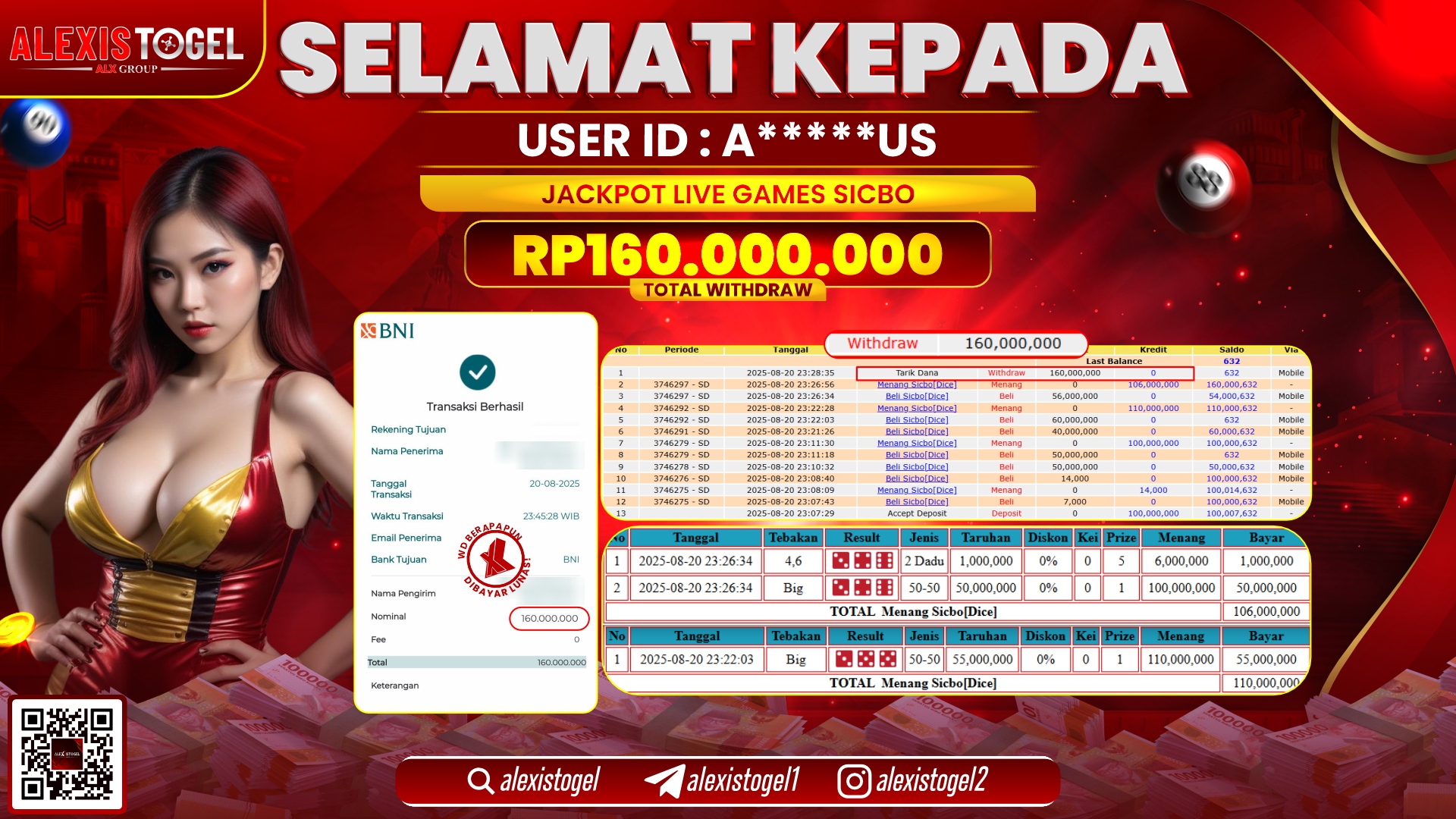 ALEXISTOGEL di LIVE GAMES SICBO RP.160.000.000 LUNAS