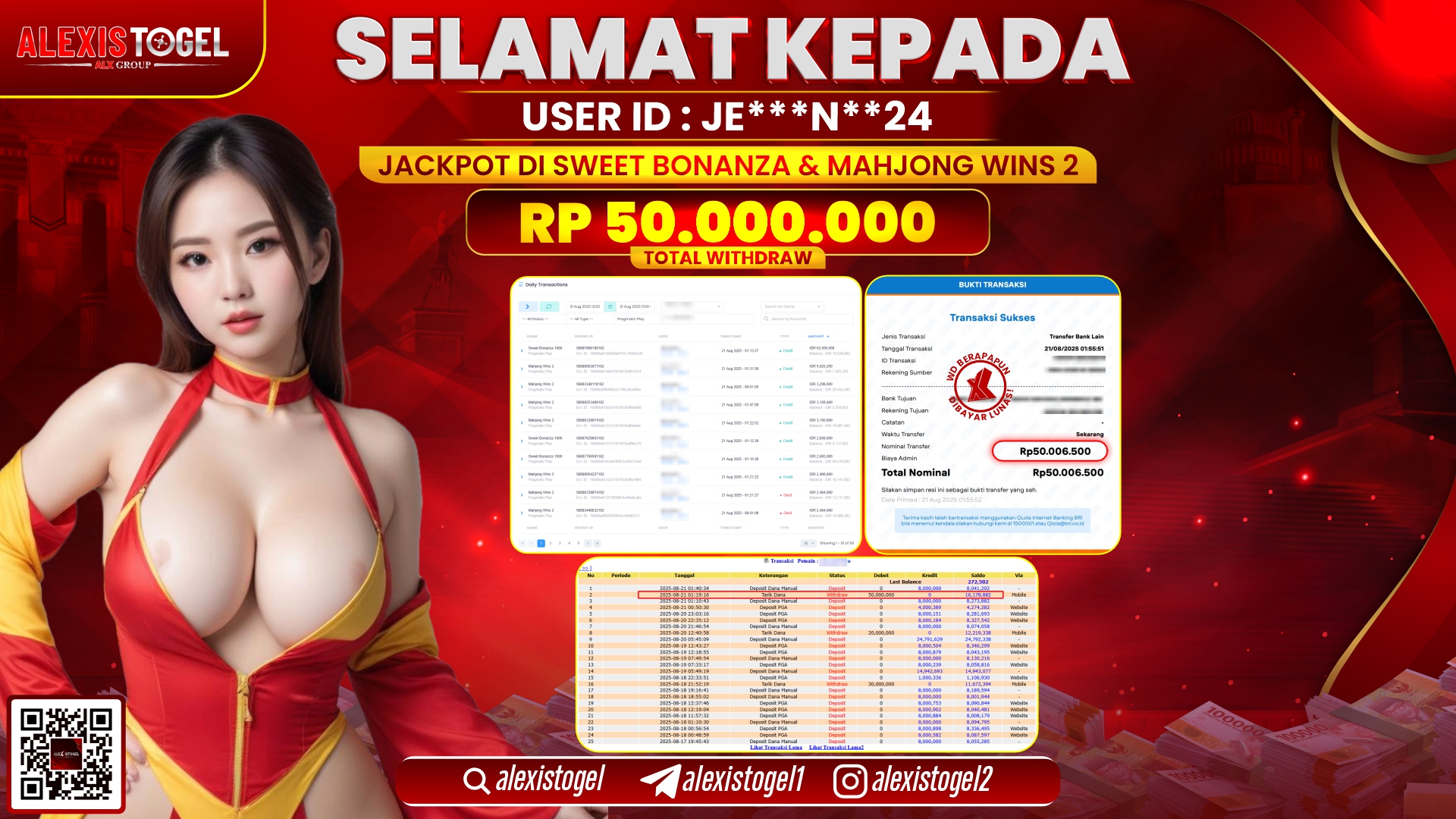 ALEXISTOGEL di SLOT SWEET BONANZA & MAHJONG WINS RP.50.000.000 LUNAS