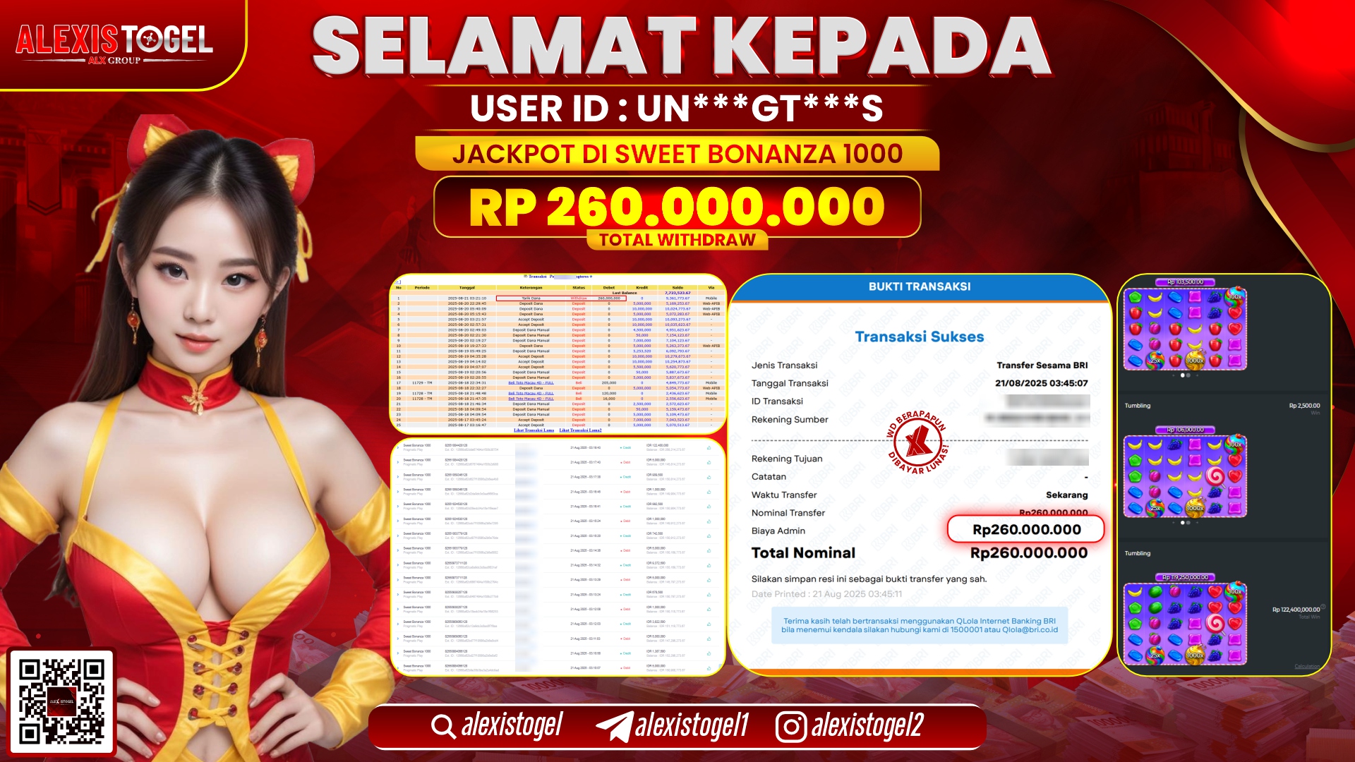 ALEXISTOGEL di SLOT SWEET BONANZA 1000 RP.260.000.000 LUNAS