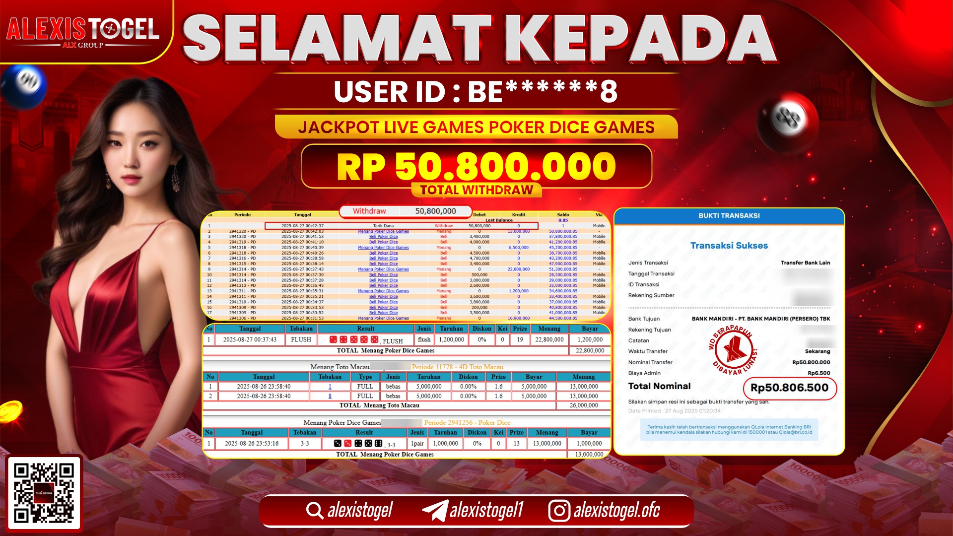 ALEXISTOGEL di LIVE GAMES POKER DICE RP.50.800.000 LUNAS