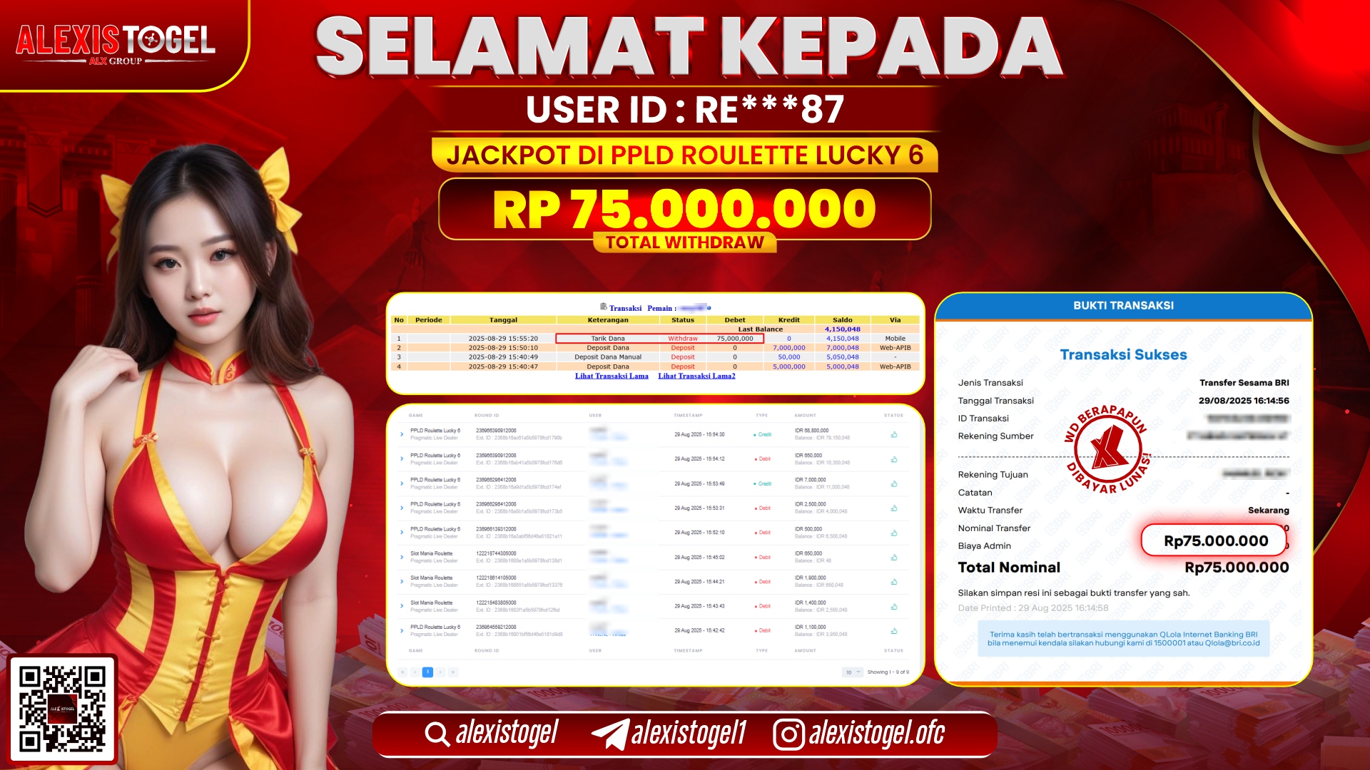 ALEXISTOGEL di PPLD ROULETTE LUCKY 6 RP.75.000.000 LUNAS