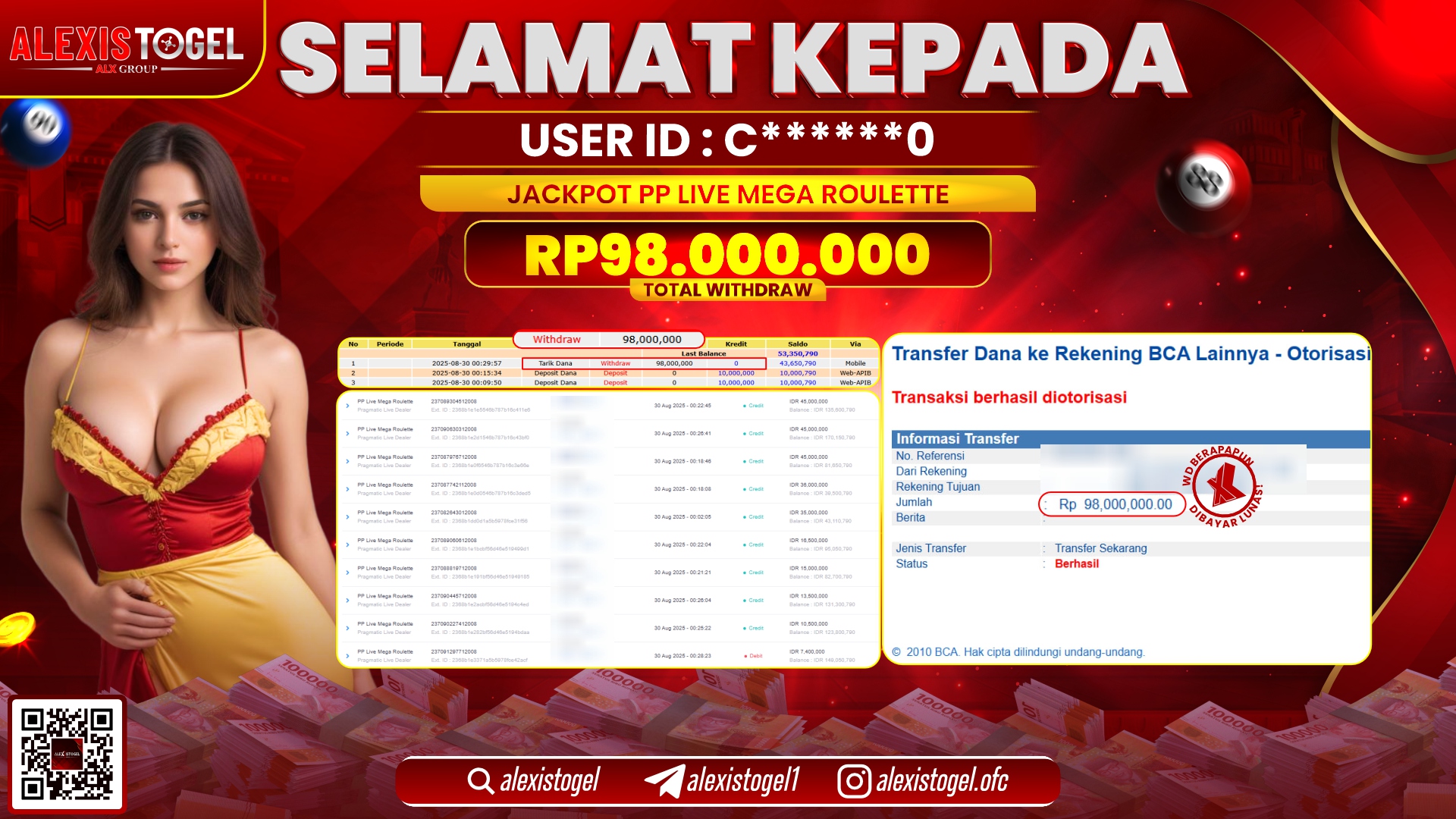 ALEXISTOGEL di PP LIVE MEGA ROULETTE RP.98.000.000 LUNAS