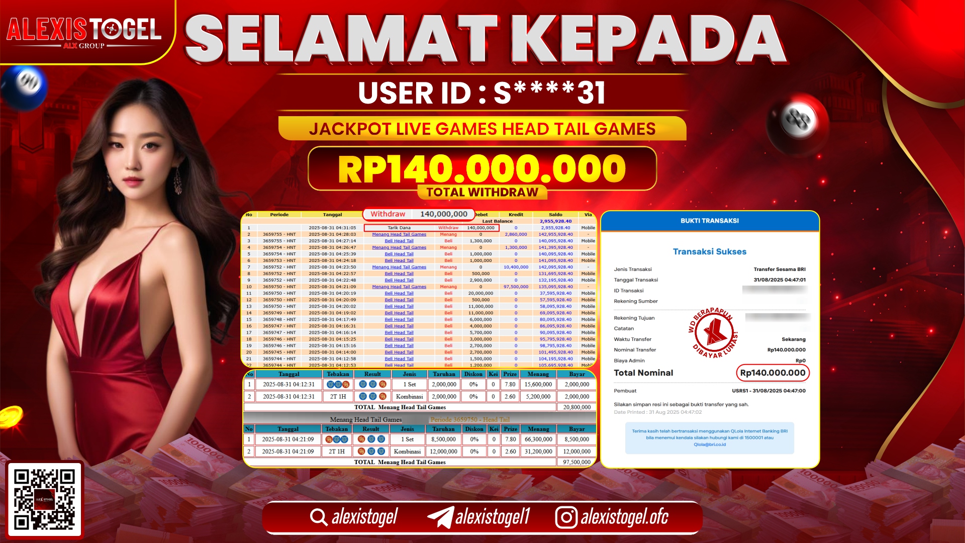 ALEXISTOGEL di LIVE GAMES HEAD TAIL RP.140.000.000 LUNAS