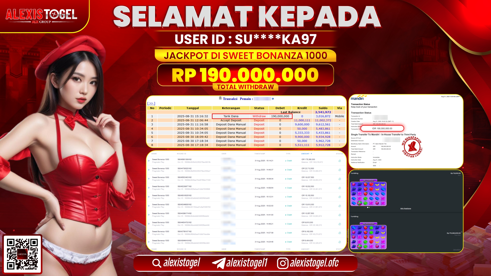 ALEXISTOGEL di SLOT SWEET BONANZA 1000 RP.190.000.000 LUNAS