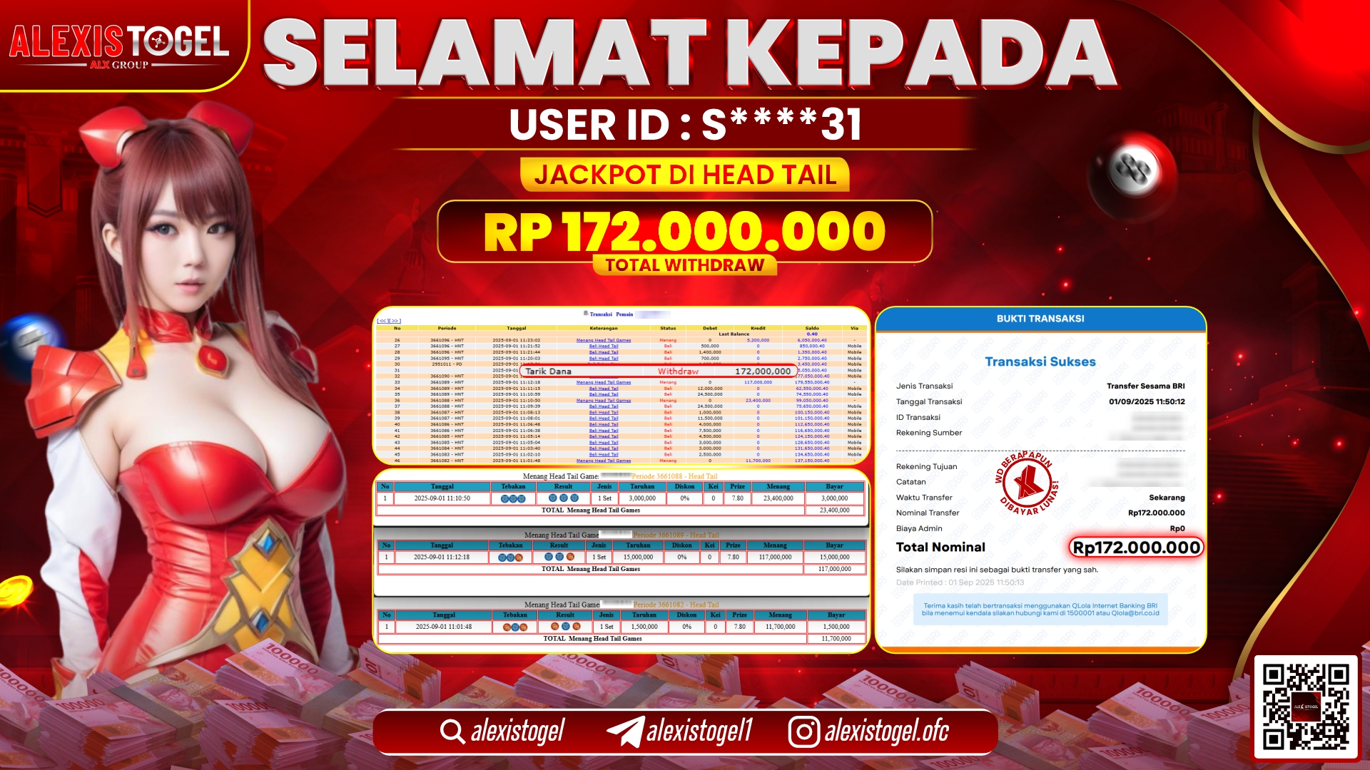 ALEXISTOGEL di CASINO HEAD TAIL RP.172.000.000 LUNAS