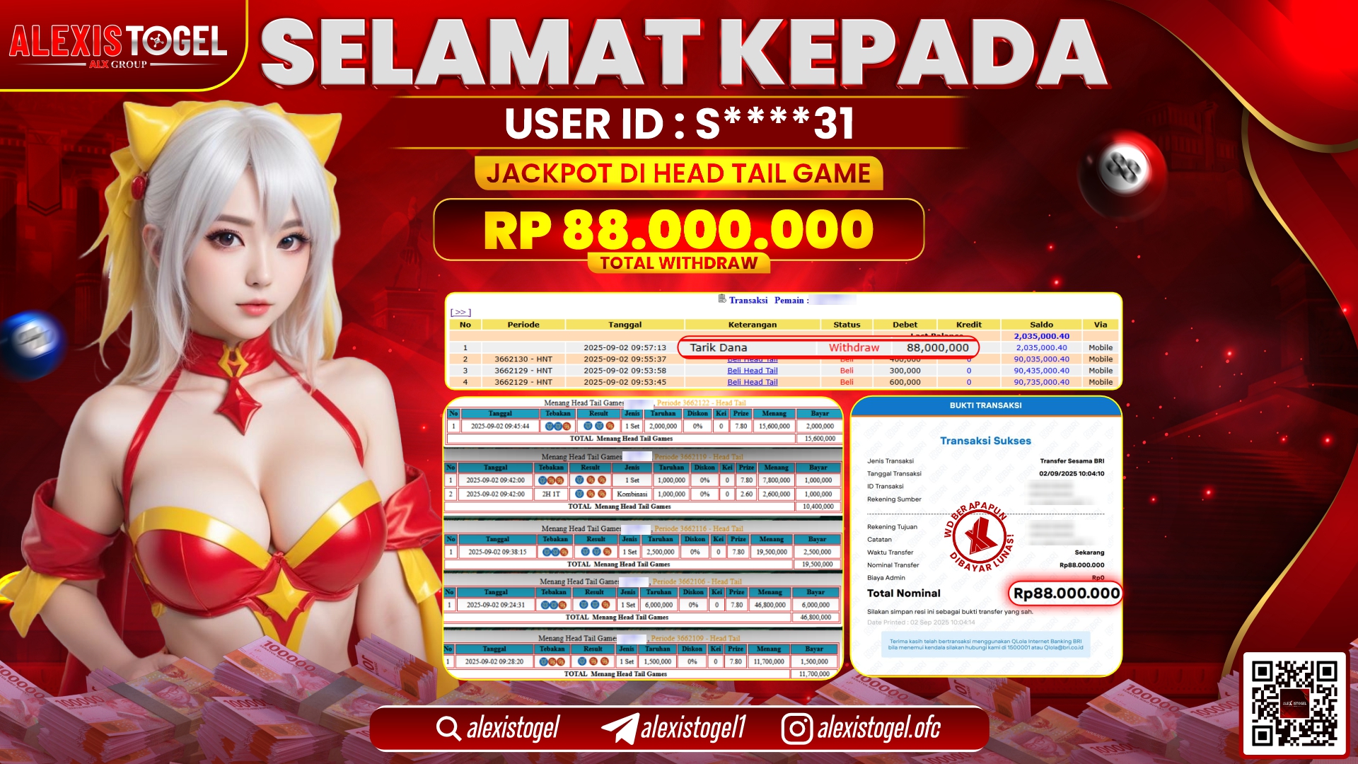 ALEXISTOGEL di CASINO HEAD TAIL GAMES RP.88.000.000 LUNAS