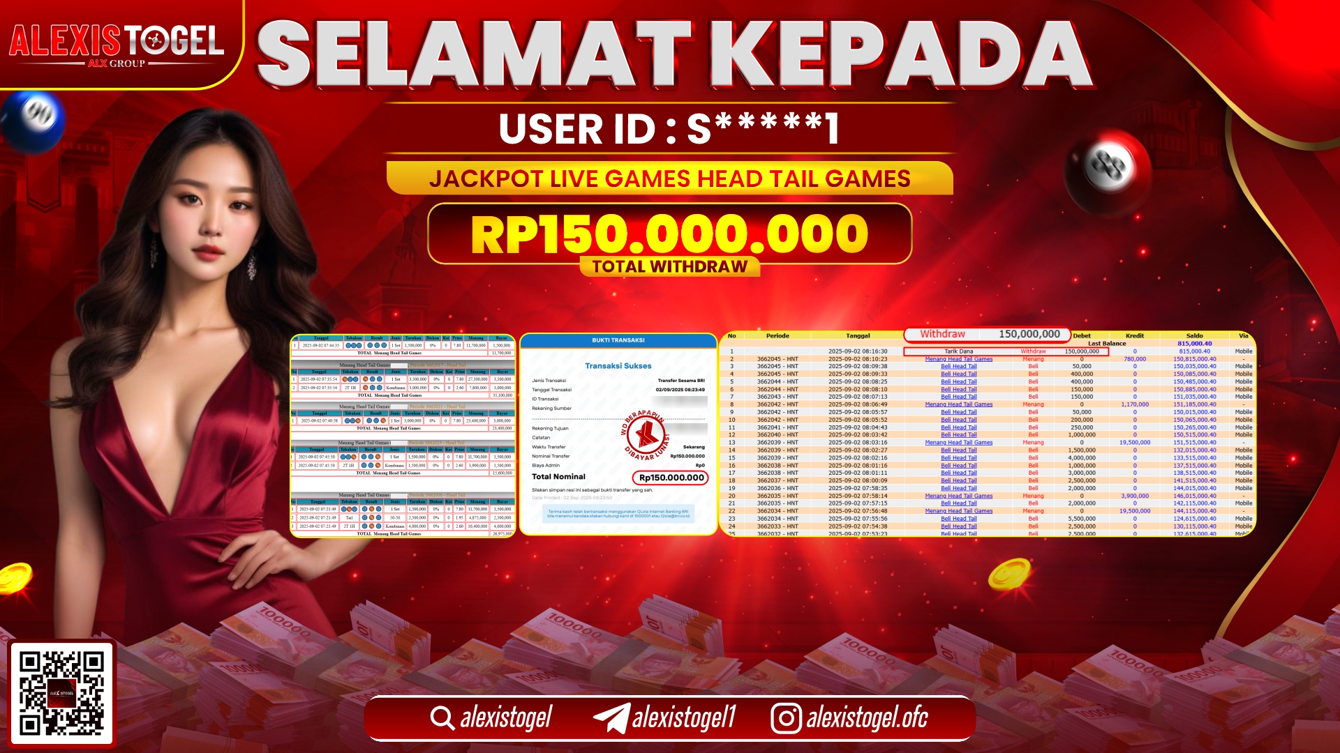 ALEXISTOGEL di LIVE GAMES HEAD TAIL RP.150.000.000 LUNAS