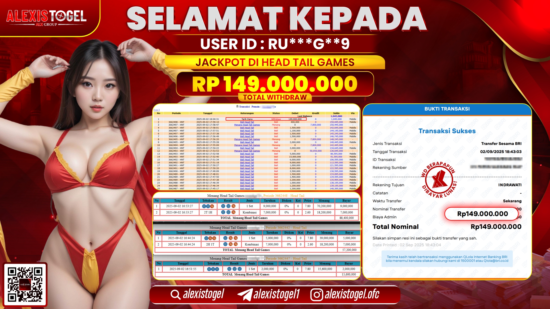 ALEXISTOGEL di CASINO HEAD TAIL GAMES RP.149.000.000 LUNAS