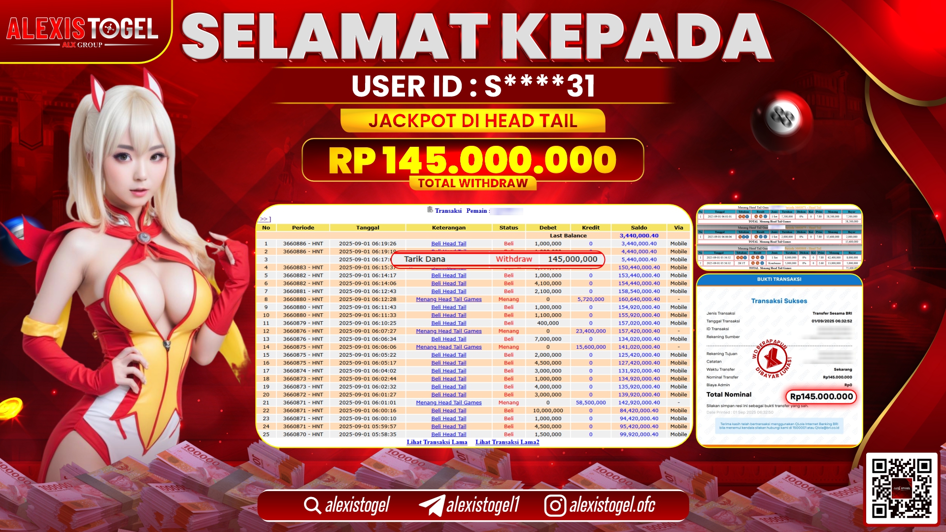 ALEXISTOGEL di CASINO HEAD TAIL RP.145.000.000 LUNAS