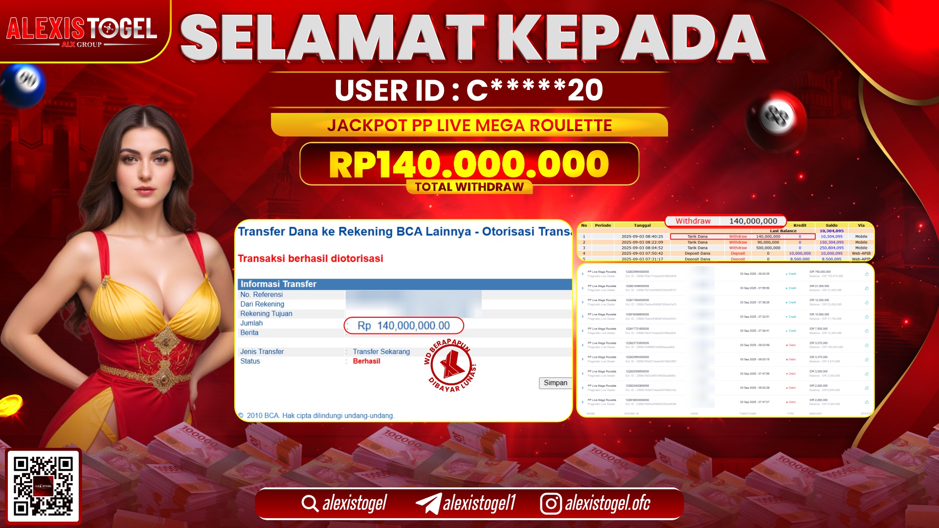 ALEXISTOGEL di PP LIVE MEGA ROULETTE RP.140.000.000 LUNAS