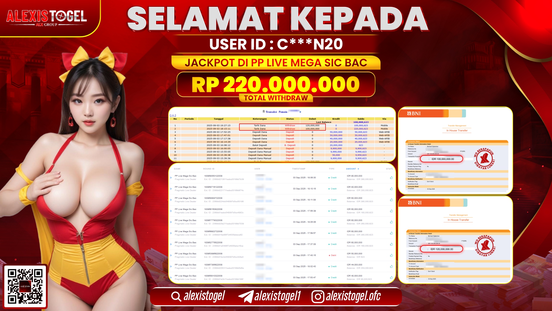 ALEXISTOGEL di PP LIVE MEGA SIC BAC RP.220.000.000 LUNAS