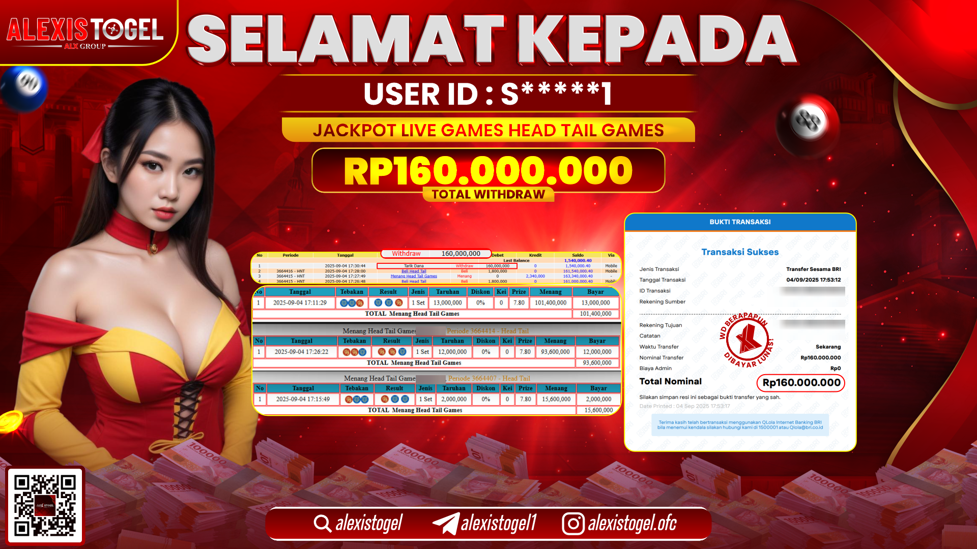 ALEXISTOGEL di LIVE GAMES HEAD TAIL RP.160.000.000 LUNAS