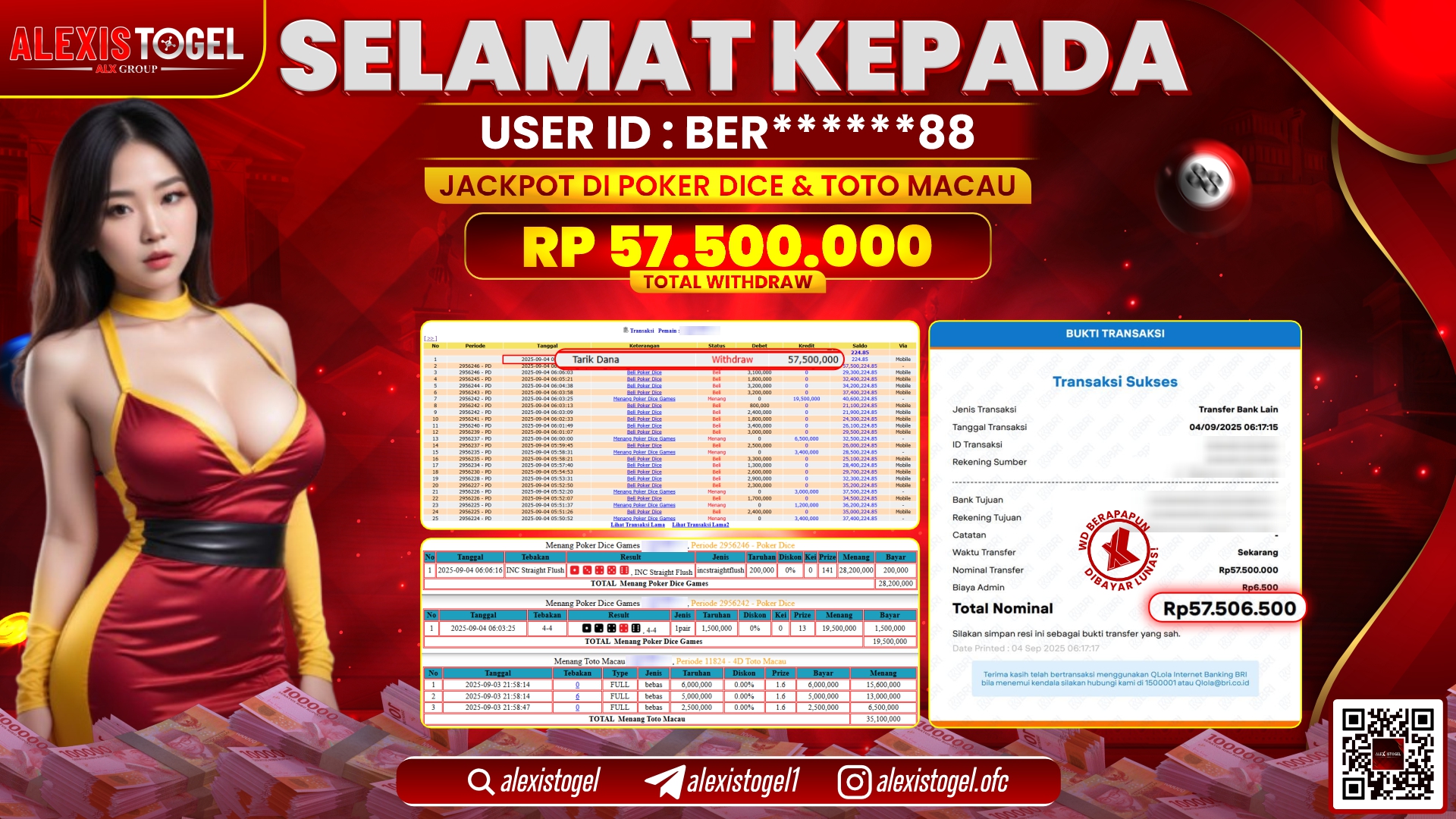 ALEXISTOGEL di POKER DICE & TOGEL TOTOMACAU RP.57.500.000 LUNAS