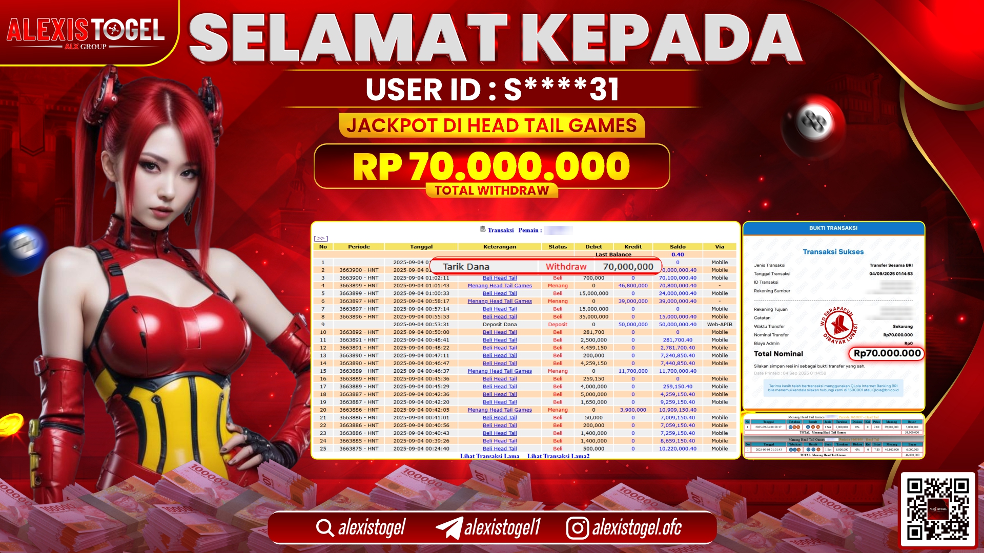 ALEXISTOGEL di CASINO HEAD TAIL GAMES RP.57.500.000 LUNAS