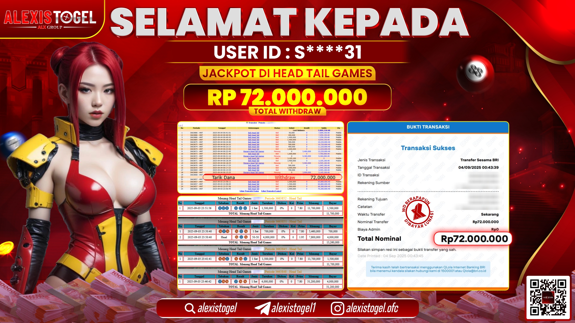 ALEXISTOGEL di CASINO HEAD TAIL GAMES RP.72.000.000 LUNAS