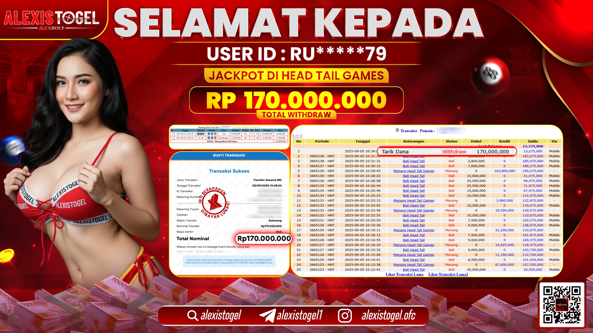 ALEXISTOGEL di CASINO HEAD TAIL GAMES RP.170.000.000 LUNAS