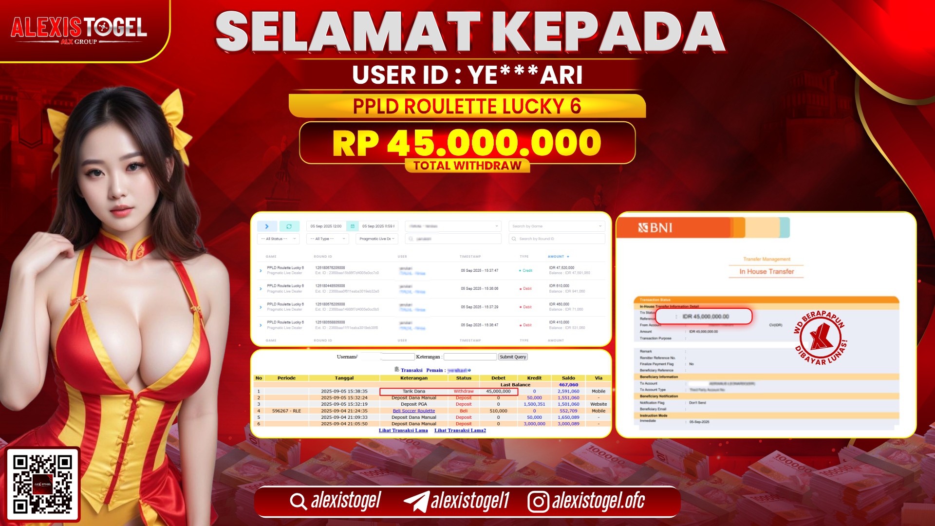 ALEXISTOGEL di PPLD ROULETTE LUCKY 6 RP.45.000.000 LUNAS