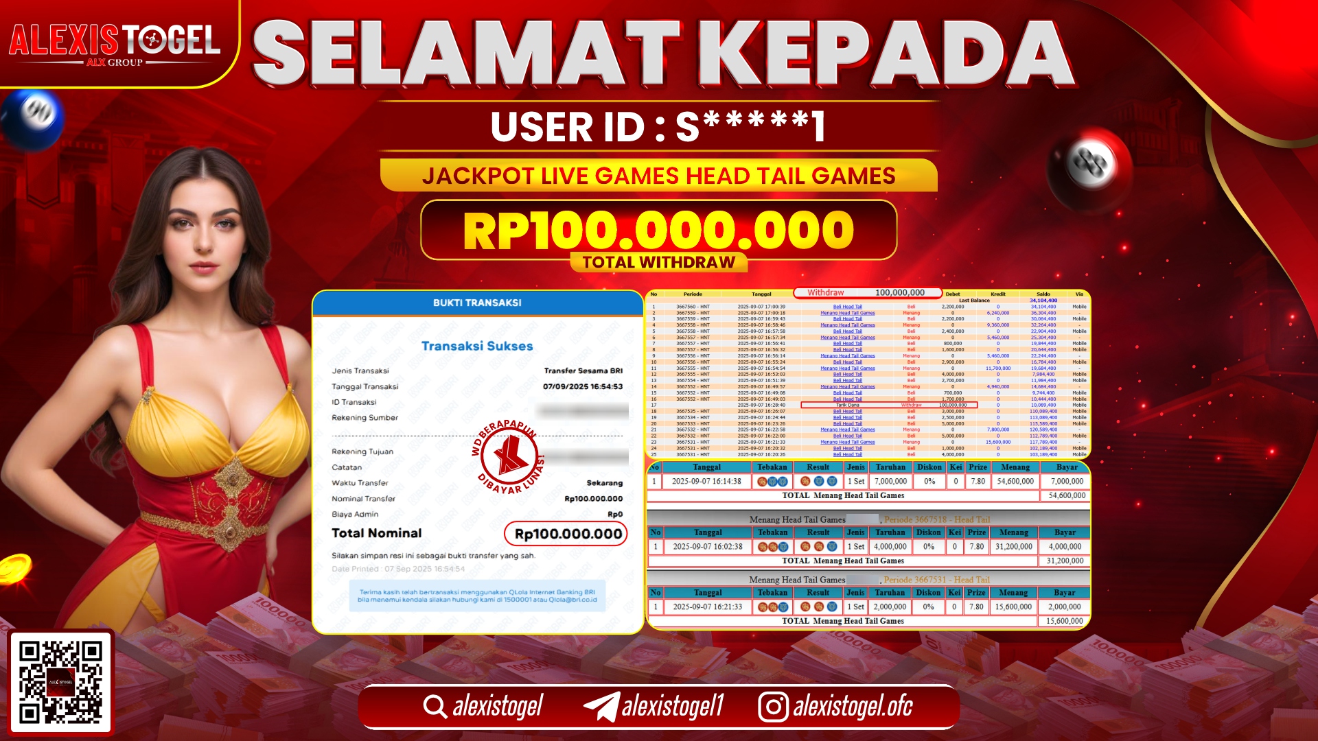 ALEXISTOGEL di CASINO HEAD TAIL GAMES RP.100.000.000 LUNAS