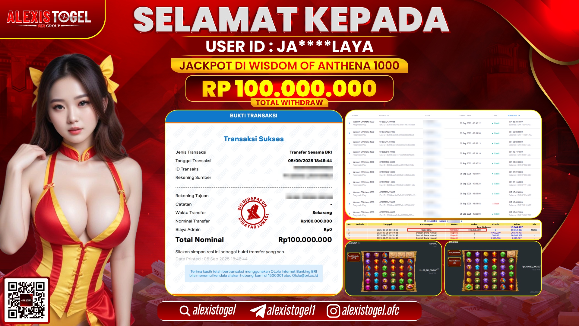 ALEXISTOGEL di SLOT WISDOM OF ATHENA 1000 RP.100.000.000 LUNAS