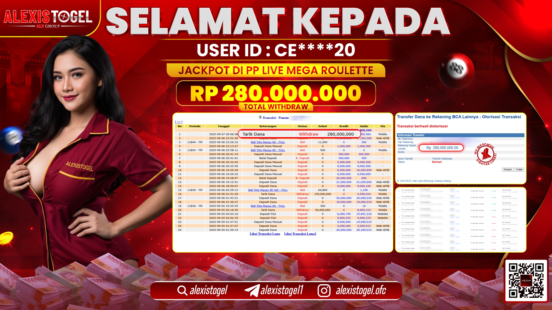 ALEXISTOGEL di PP LIVE MEGA ROULETTE RP.280.000.000 LUNAS