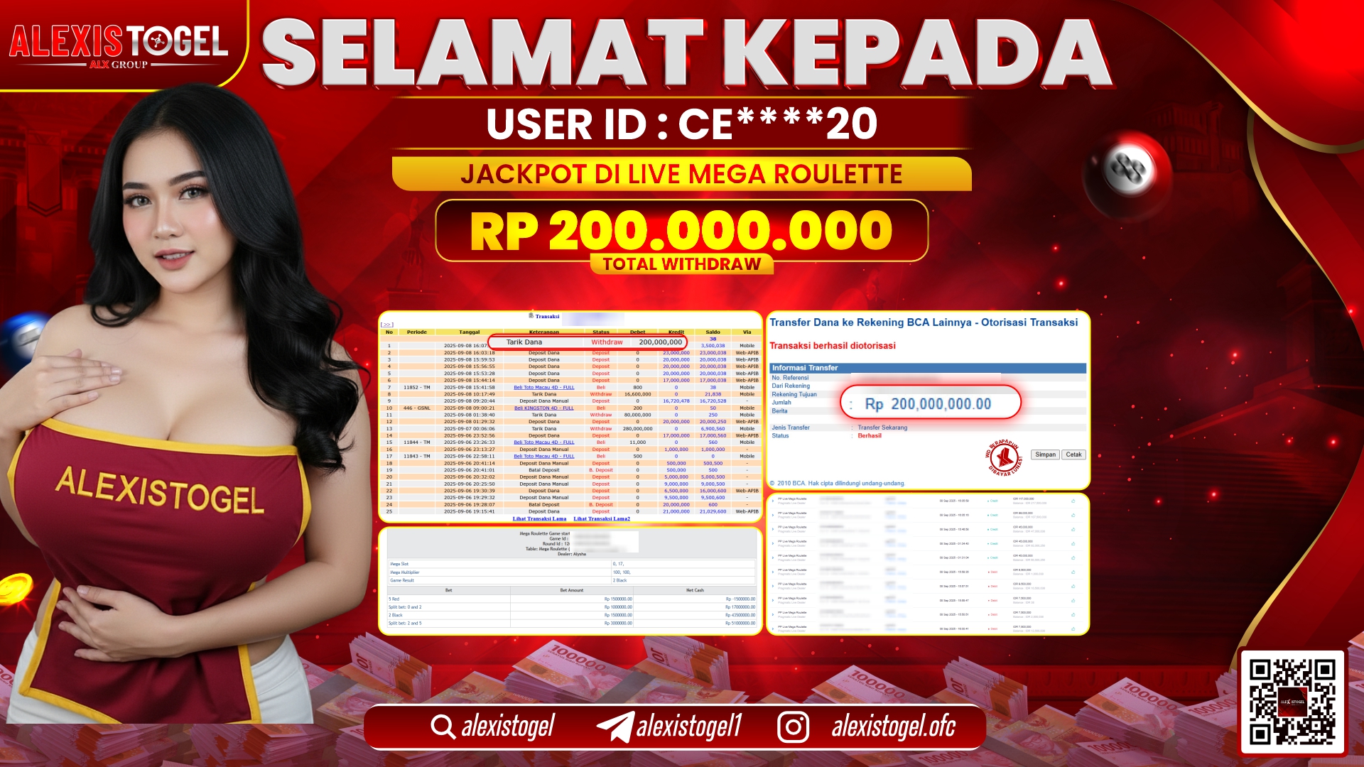 ALEXISTOGEL di  PP LIVE MEGA ROULETTE 1000 RP.200.000.000 LUNAS