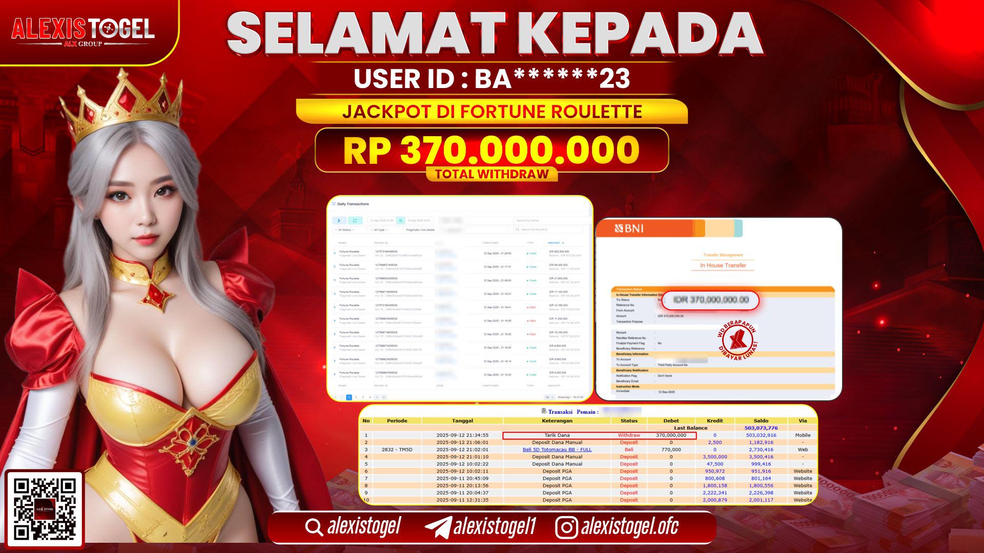 ALEXISTOGEL di CASINIO FORTUNE ROULETTE RP.370.000.000 LUNAS