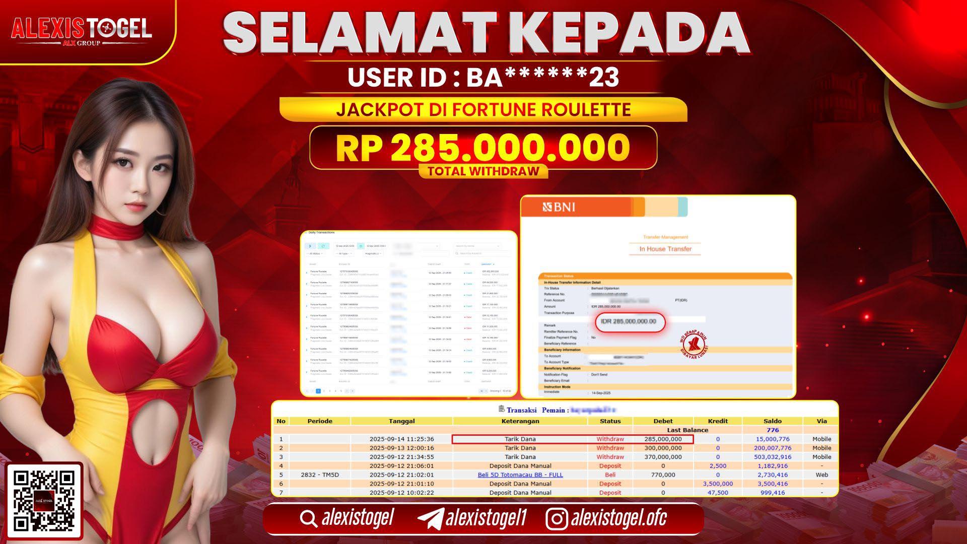 ALEXISTOGEL di CASINO FORTUNE ROULETTE RP.285.000.000 LUNAS