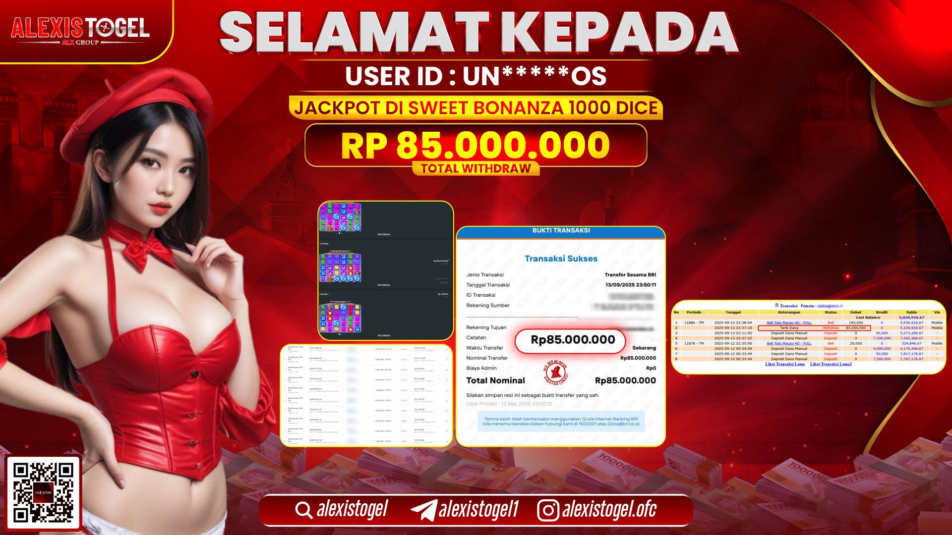 ALEXISTOGEL di SLOT SWEET BONANZA 1000 DICE RP.85.000.000 LUNAS