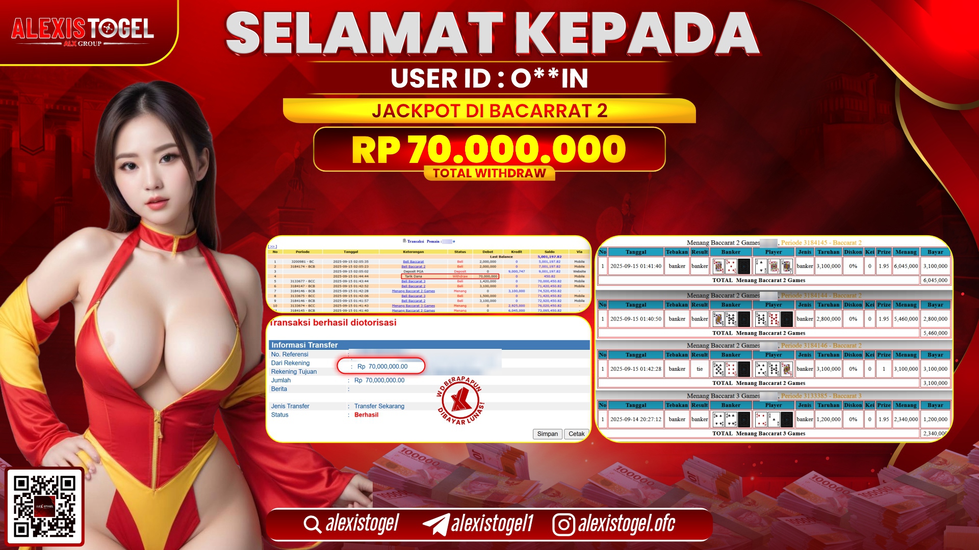 ALEXISTOGEL di CASINO BACARRAT 2 RP.70.000.000, LUNAS