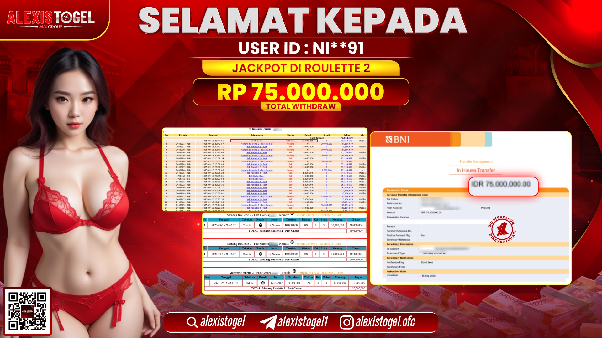 ALEXISTOGEL di CASINO ROULETTE 2 RP.75.000.000, LUNAS
