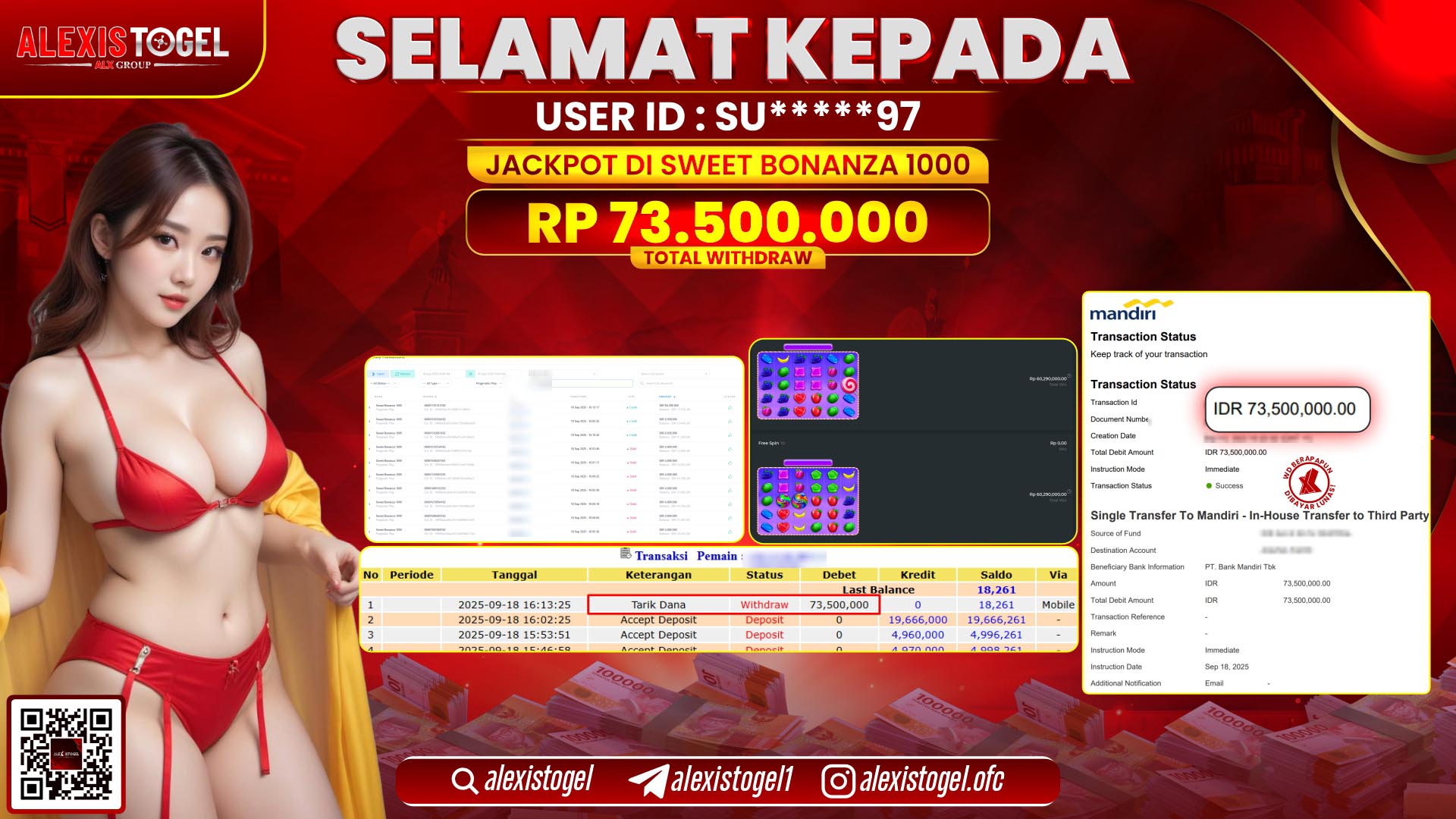 ALEXISTOGEL di SLOT SWEET BONANZA 1000 RP.73.500.000, LUNAS