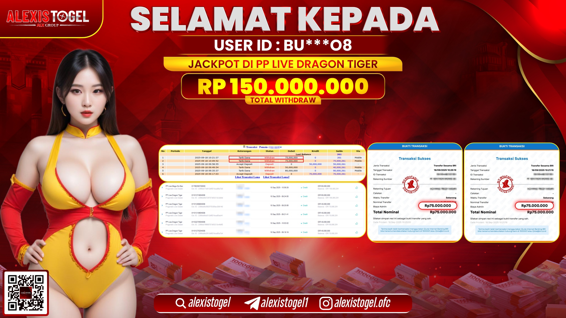 ALEXISTOGEL di PP LIVE DRAGON TIGER RP.150.000.000, LUNAS