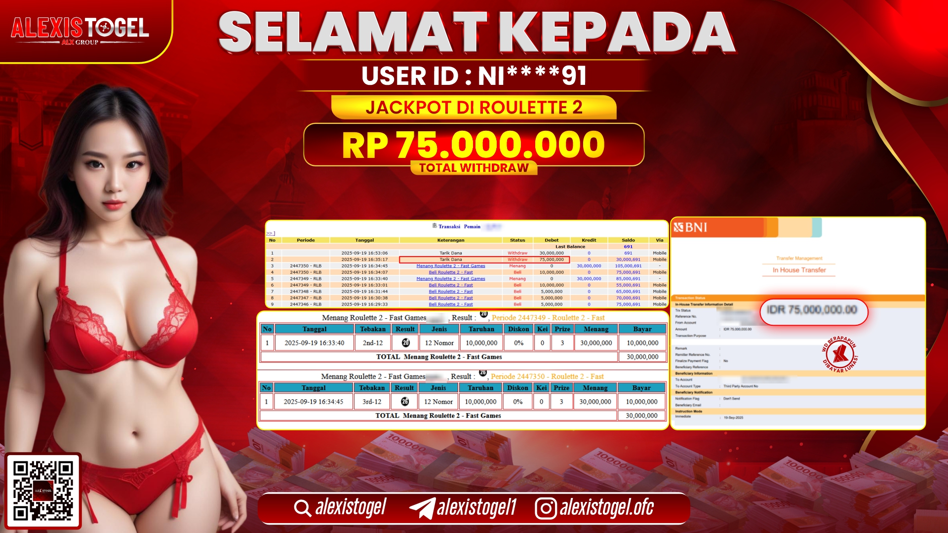 ALEXISTOGEL di CASINO ROULETTE 2 RP.75.000.000, LUNAS