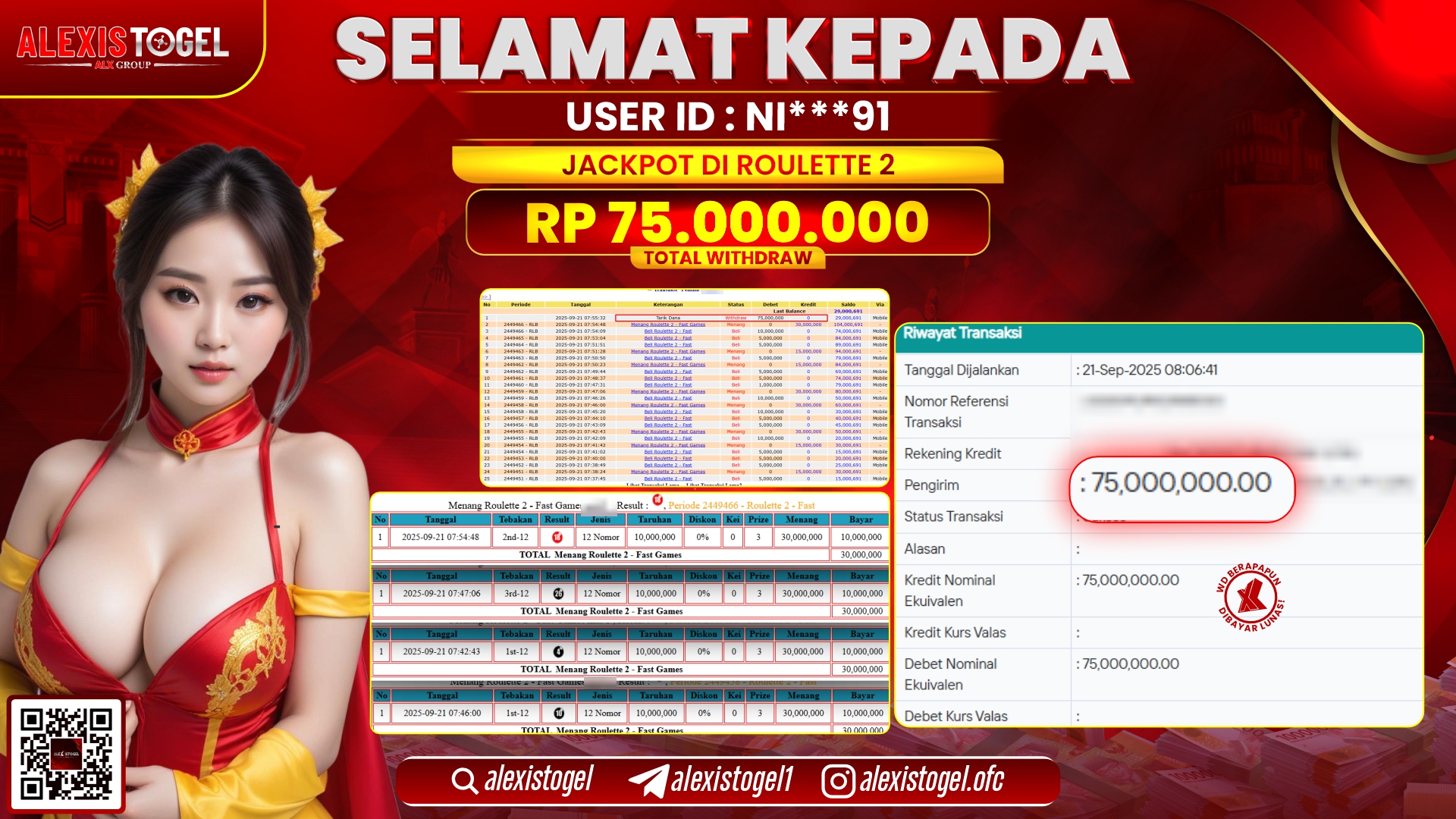 ALEXISTOGEL di CASINO ROULETTE 2 RP.75.000.000, LUNAS