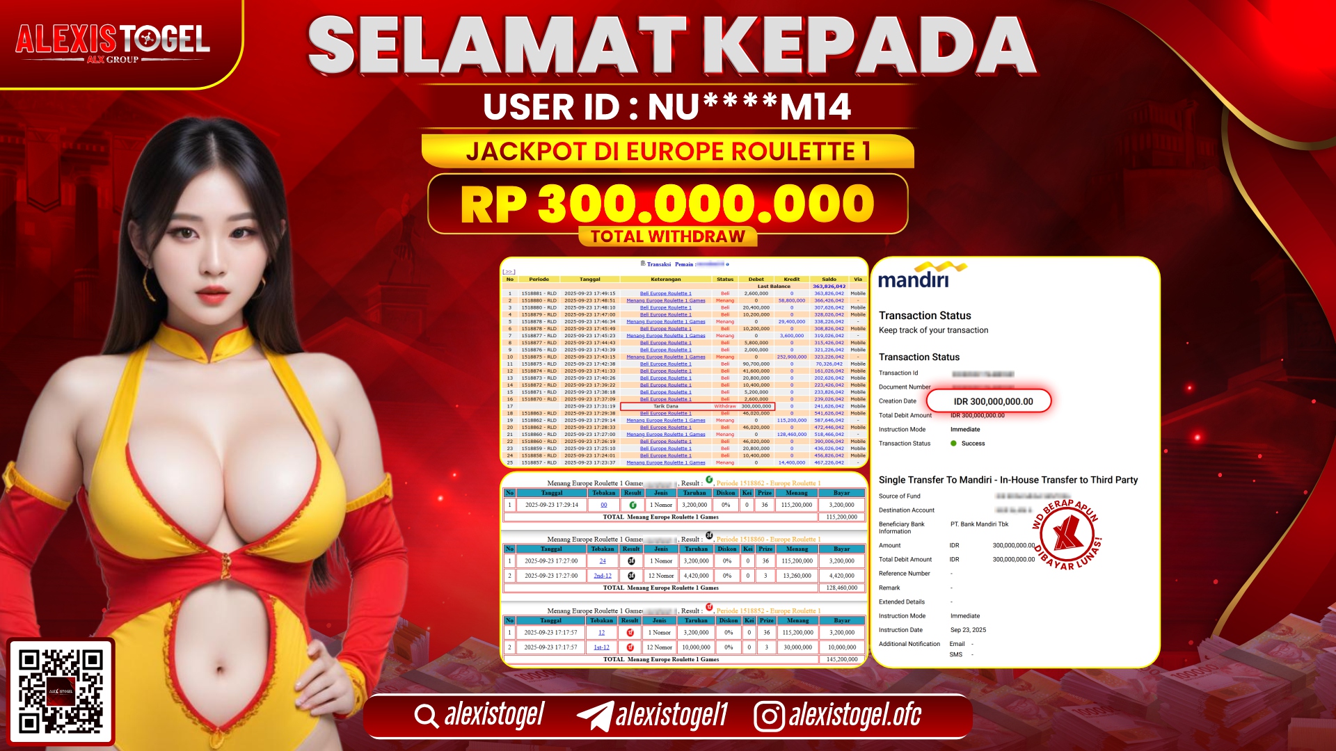 ALEXISTOGEL di CASINO EUROPE ROULETTE 1 RP.300.000.000, LUNAS