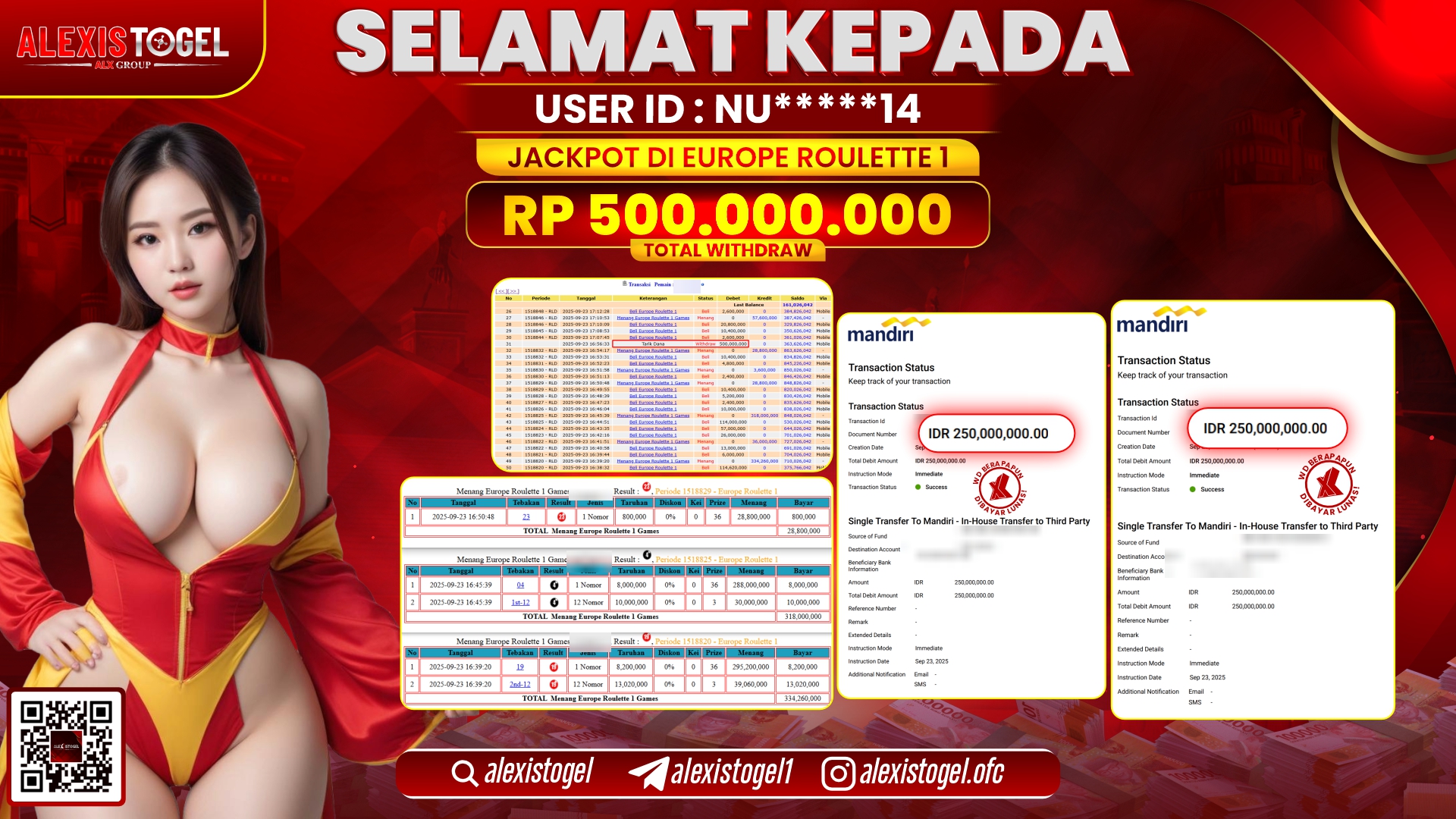 ALEXISTOGEL di CASINO EUROPE ROULETTE 1 RP.500.000.000, LUNAS