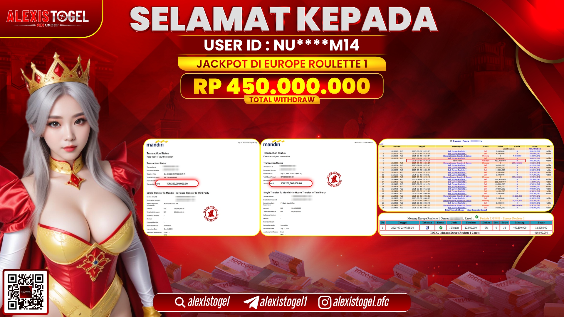 ALEXISTOGEL di CASINO EUROPE ROULETTE 1 RP.450.000.000, LUNAS