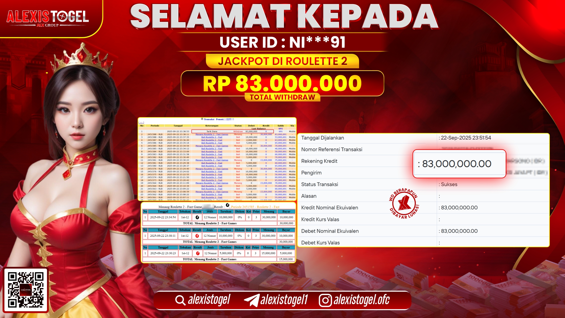 ALEXISTOGEL di CASINO ROULETTE 2 RP.83.000.000, LUNAS