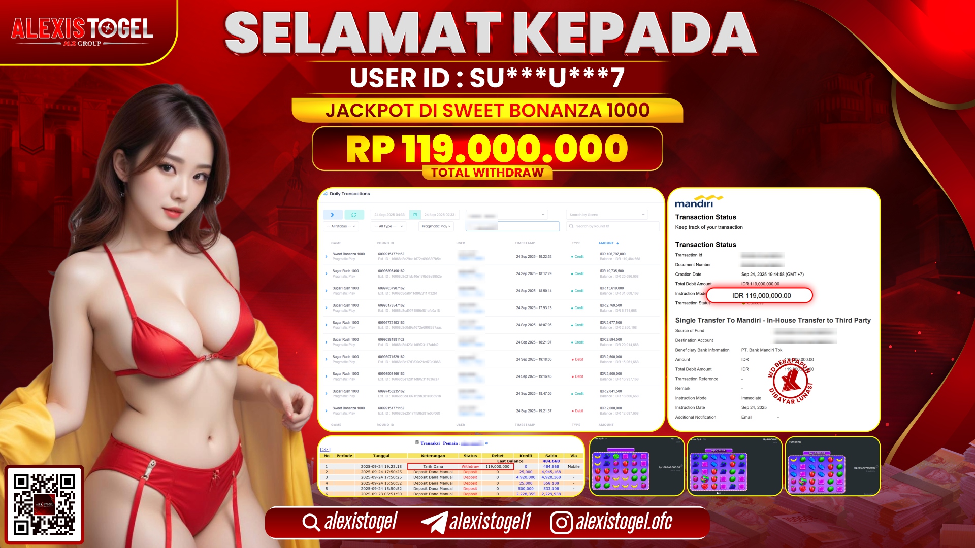 ALEXISTOGEL di  SLOT SWEET BONANZA 1000 RP.119.000.000, LUNAS